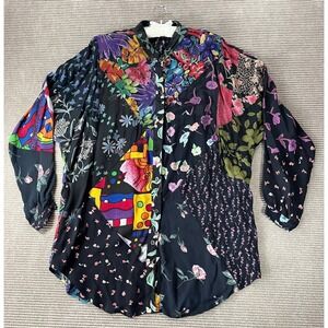 Sacred Threads Womens S Patchwork Floral Button Up Shirt Rayon Boho Mixed Print